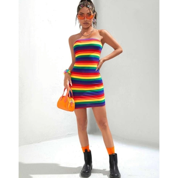 Rainbow Stripe Tube Dress Bodycon Stretchy Size XS-XL Available - Picture 4 of 12